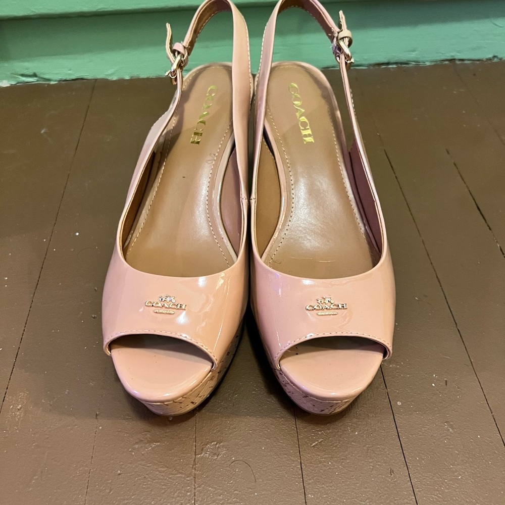 Coach patent leather slingback wedge sandals